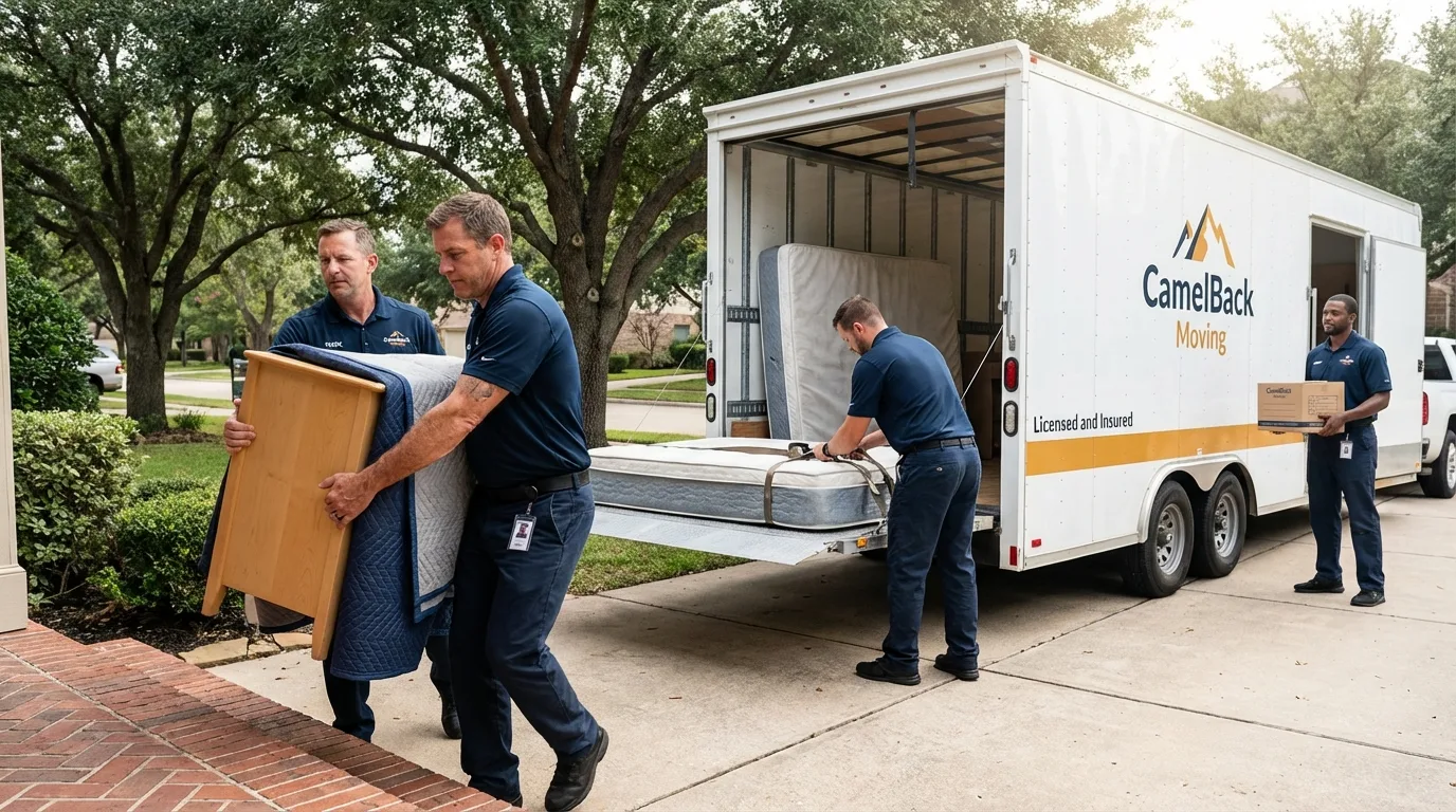 Crew loading residential truck for cross-state move from Jamestown, CA