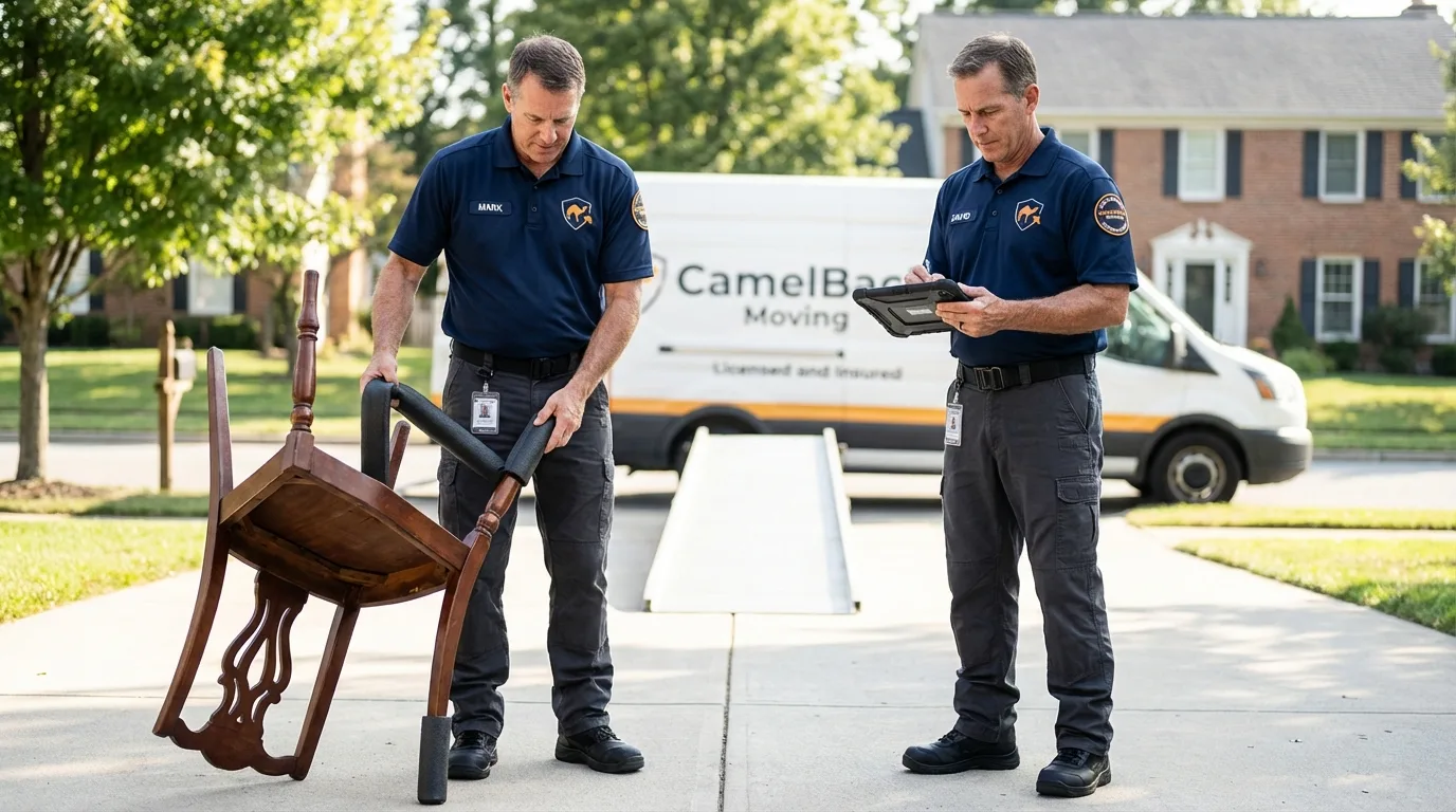 Movers inspecting furniture for damage prevention before loading in Jamestown, CA